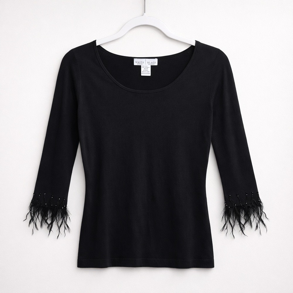 Black‎ Silk Blend Feather Trim Beaded Top S 3/4 Sleeve Witchy Goth Noir Parisian